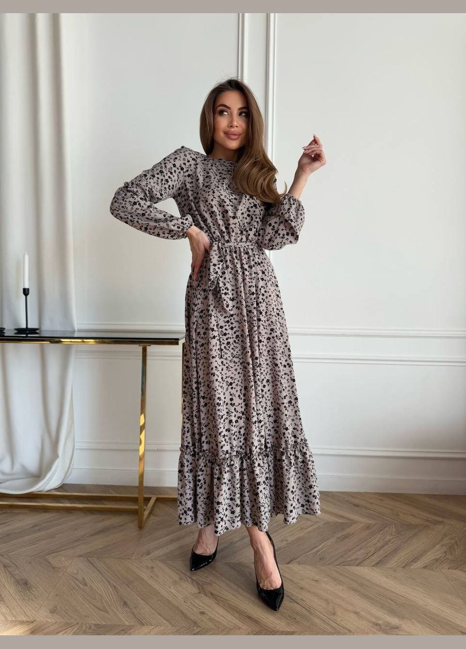 Бежевое повседневный, праздничный, вечернее платье клеш Garna с цветочным принтом