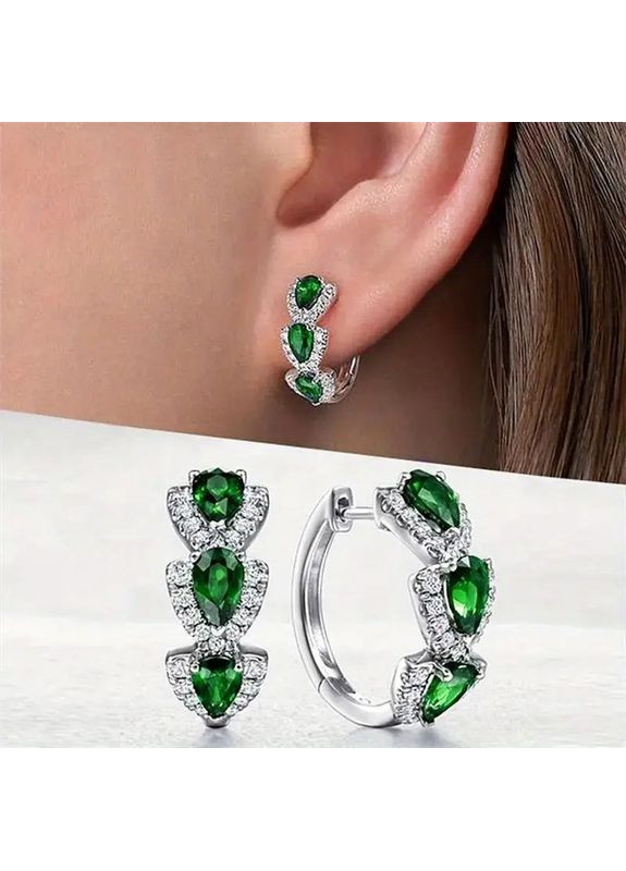Сережки сріблясті жіночі кільця з зеленими кристалами 1.6 см AurumLux022 Liresmina Jewelry (352683327)