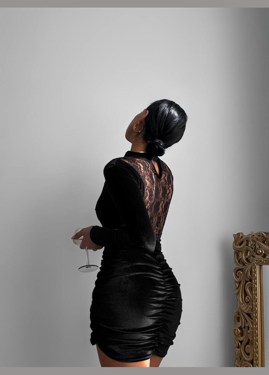 Черное праздничный, коктейльное, вечернее бархатное платье с кружевом No Brand