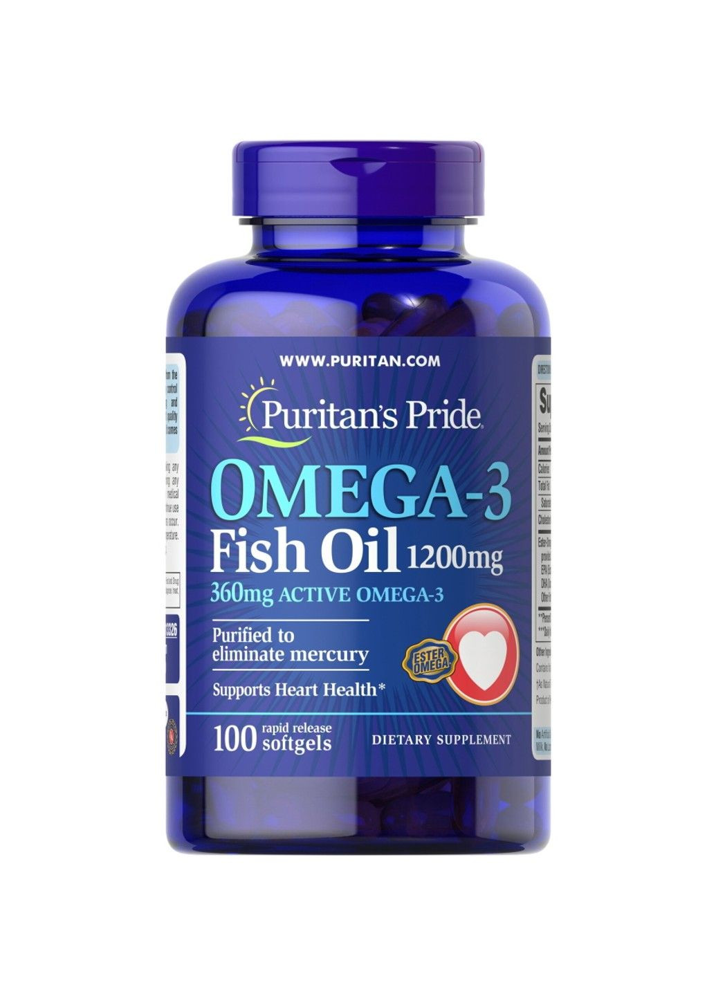 Рыбий Жир Omega-3 Fish Oil 1200мг (360мг Омега-3) – 100 софтгель Puritans Pride (293516657)