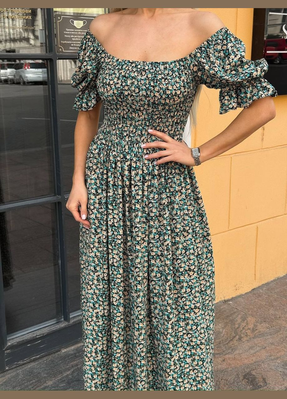 Темно-зеленое повседневный, праздничный женское длинное летнее платье с разрезом а-силуэт Україна с цветочным принтом
