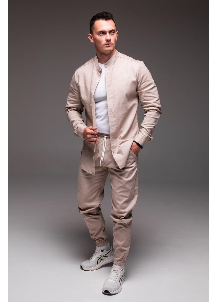 Бежевый демисезонный мужской льняной комплект (рубашка + штаны) с рубашкой, брючный Vakko