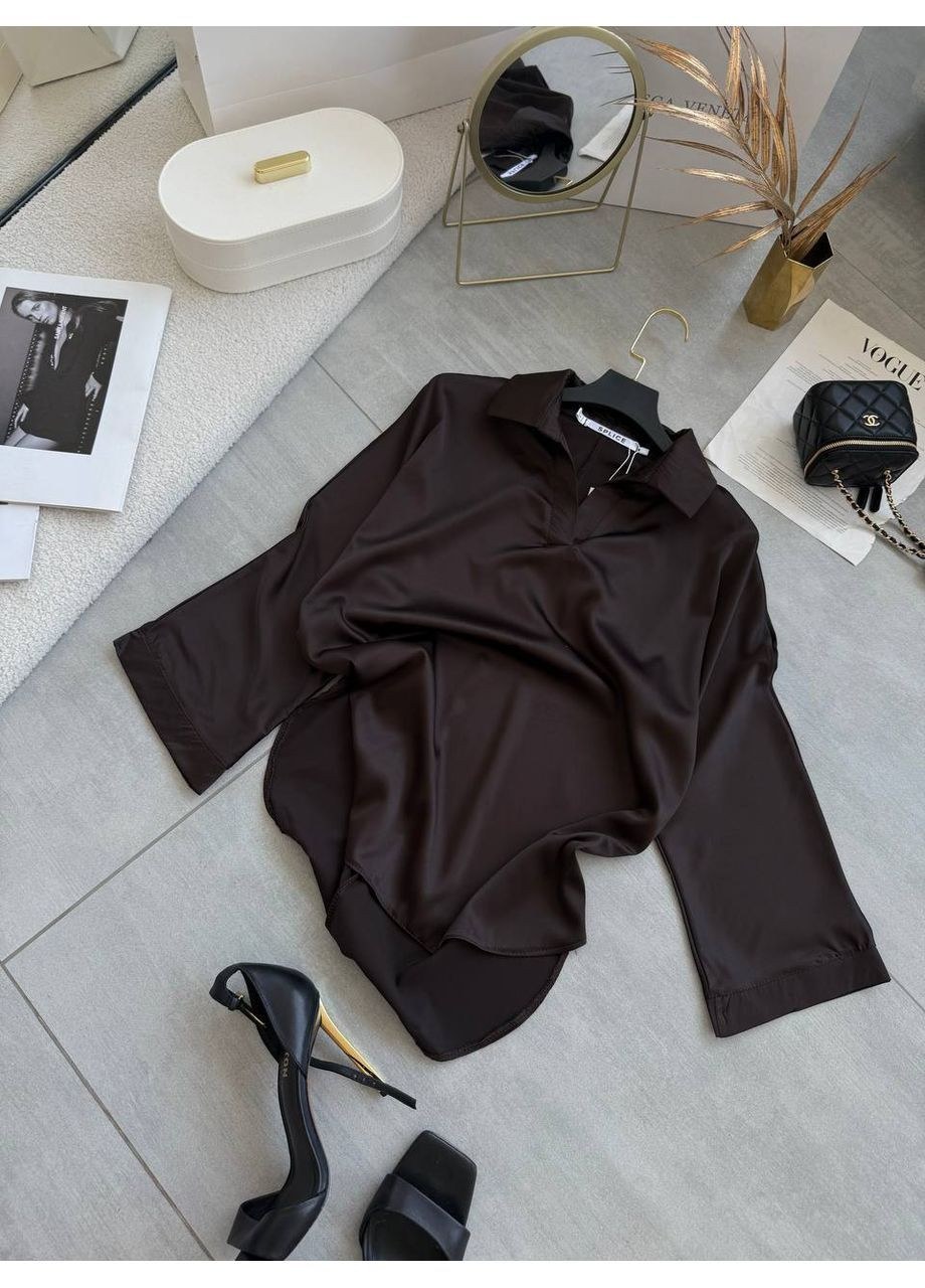 Темно-коричневая повседневный, классическая рубашка однотонная No Brand с длинным рукавом