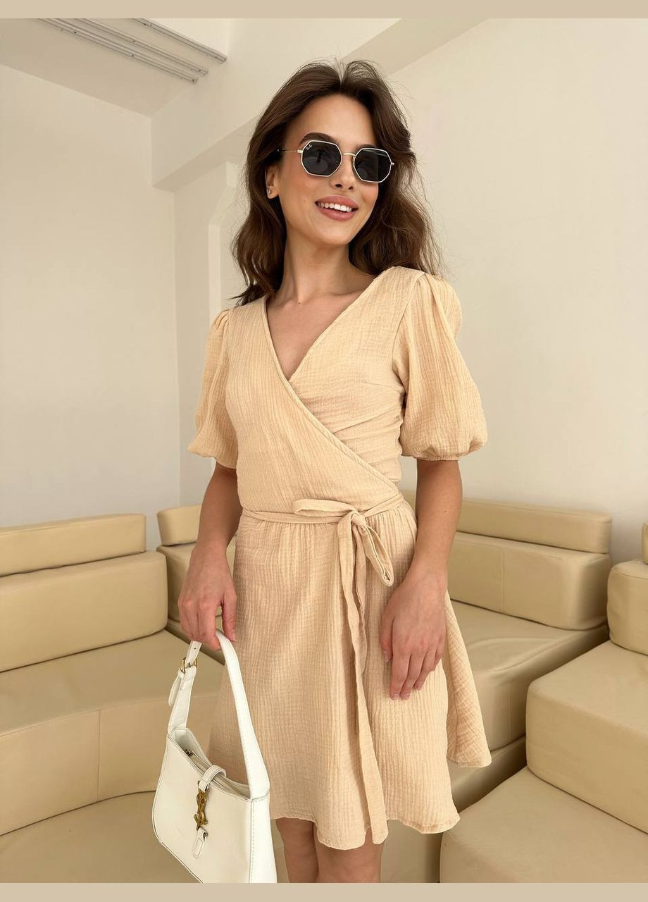 Бежевое повседневный платье женское на запах Гермес однотонное