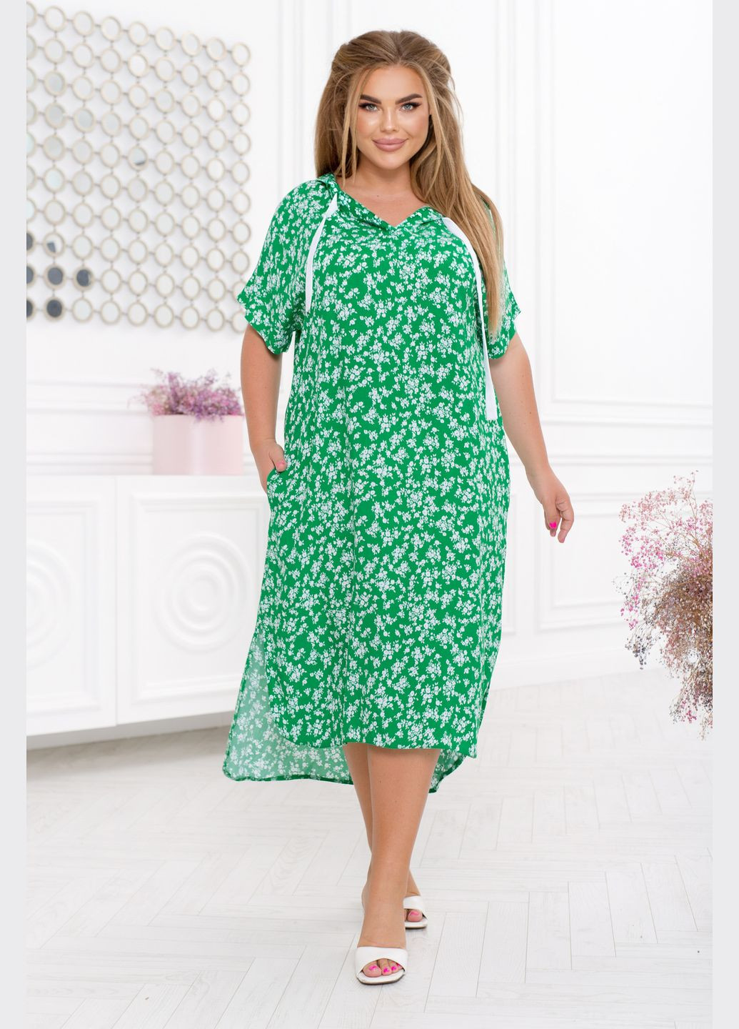 Зелена повсякденний сукня з капюшоном сукня-худі No Brand з квітковим принтом