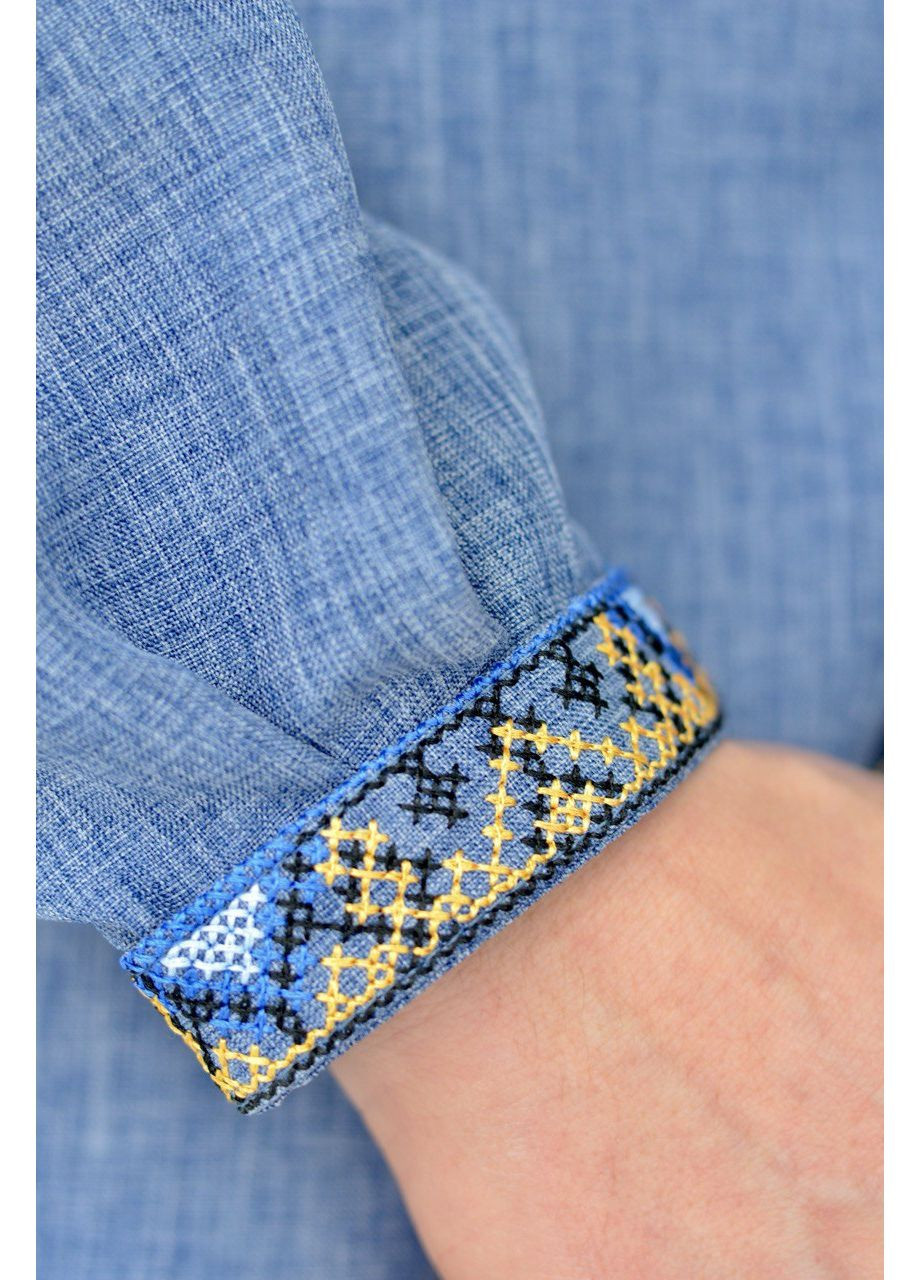 Синяя мужская вышиванка в цвете джинс. узор орнамент прямой, свободная габардин (353390246)