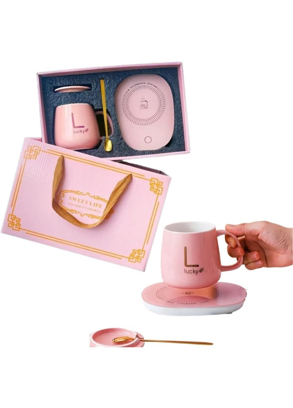Розумне керамічне термогорнятко з підігрівом від 220 В, 350 мл, рожевий колір Lucky (315373209)