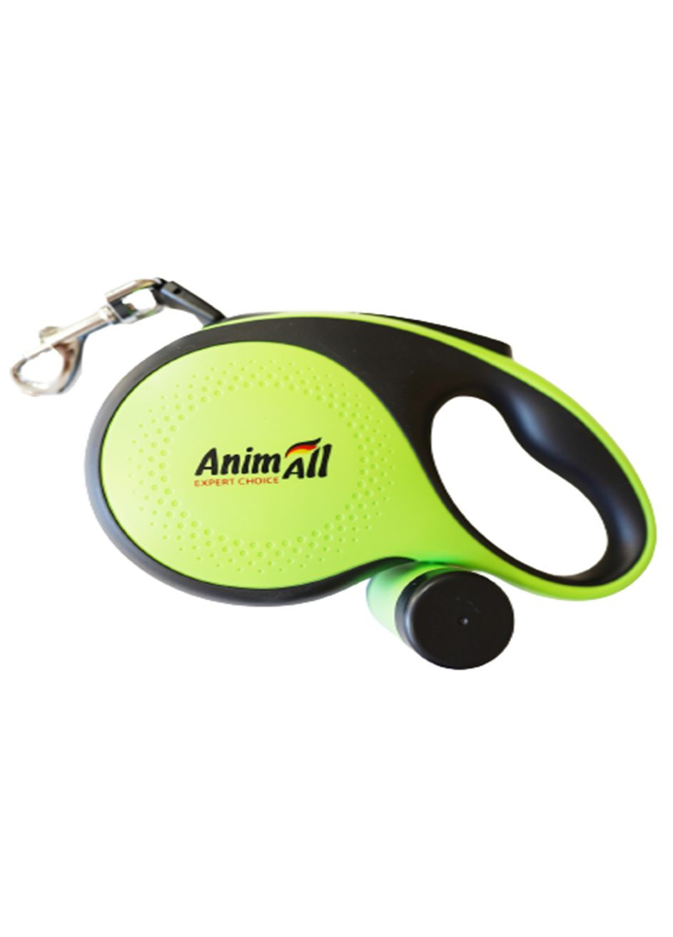 Повідецьрулетка з диспенсером M для собак вагою до 30 кг, 5м, зелено-чорна, RETRACTABLE MS7016-B Енімал AnimAll (278309778)