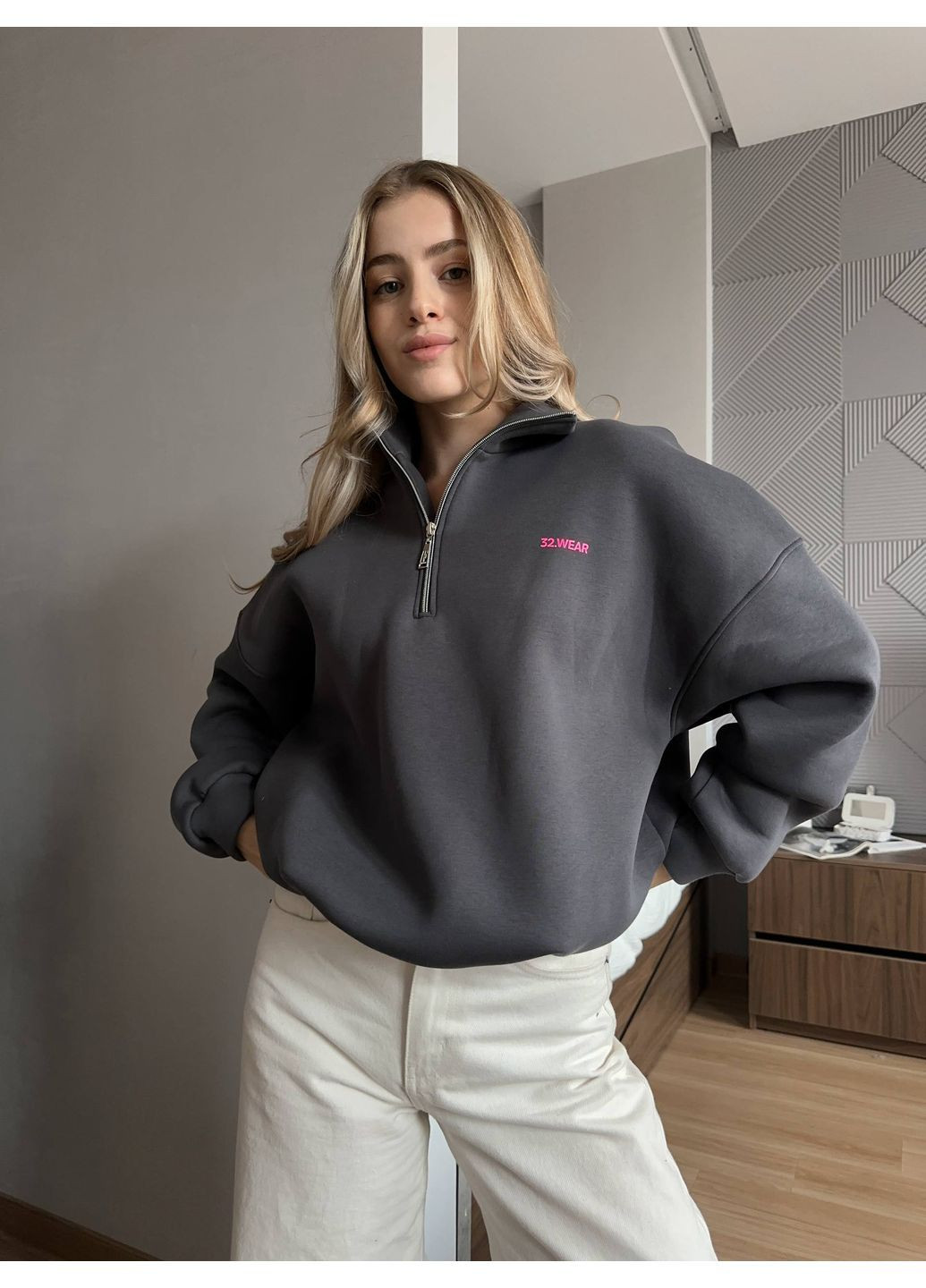 Графітовий світшот жіночий Гермес однотонний блискавка (363318147)