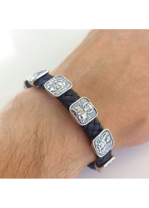 Браслет православный с ликами святых из серебра и кожи No Brand (365280587)