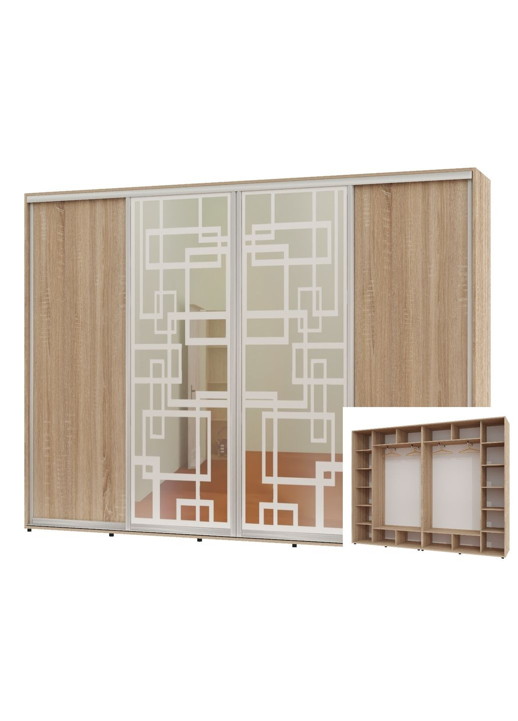 Шкаф-купе четырехдверный 300*45*240 Дуб Сонома 2 ДСП/2 Зеркала с пескоструйным рисунком Алекса (360435799)