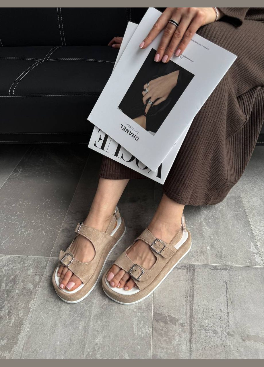 Бежевые босоножки натуральные на платформе 4 см No Brand на липучке