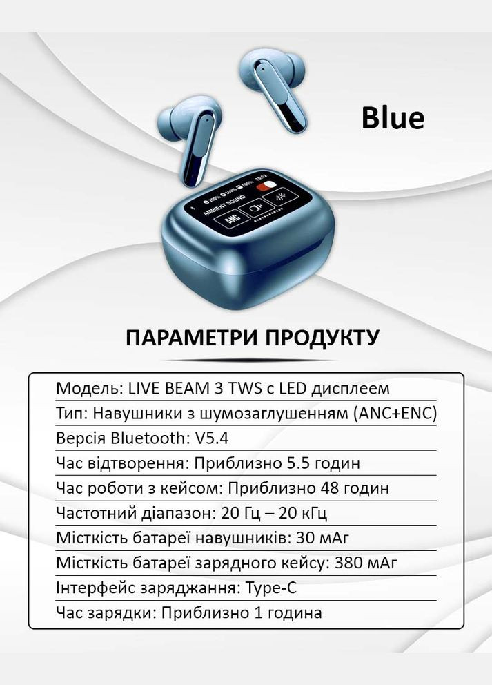 Наушники беспроводные LIVE BEAM 3 TWS с LED дисплеем, Bluetooth 5.4, ANC + ENC, 380mAh, IP55 Blue No Brand (322566777)