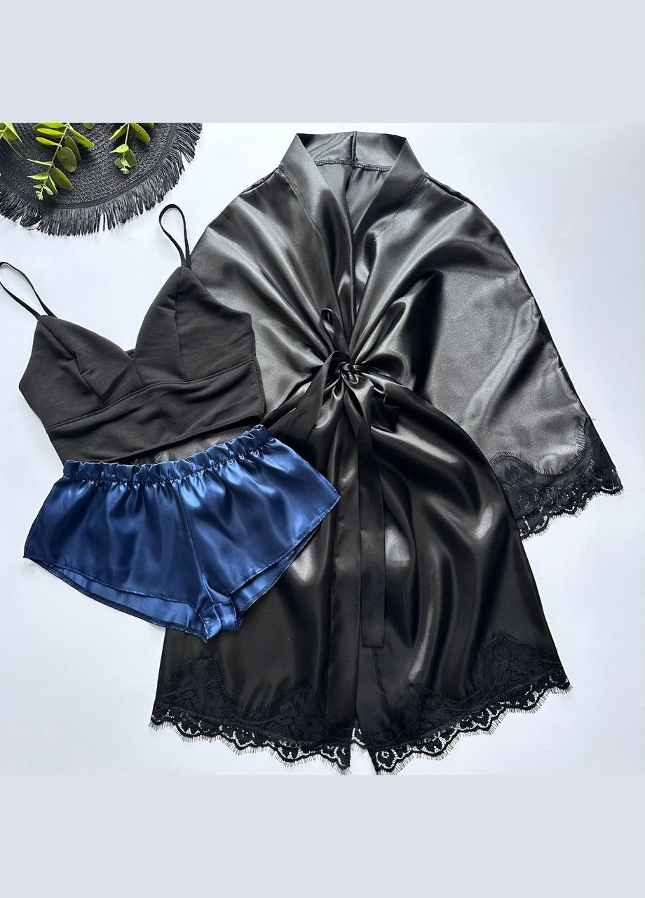 Синій демісезонний комплект для дому атласний з халатом Exclusive