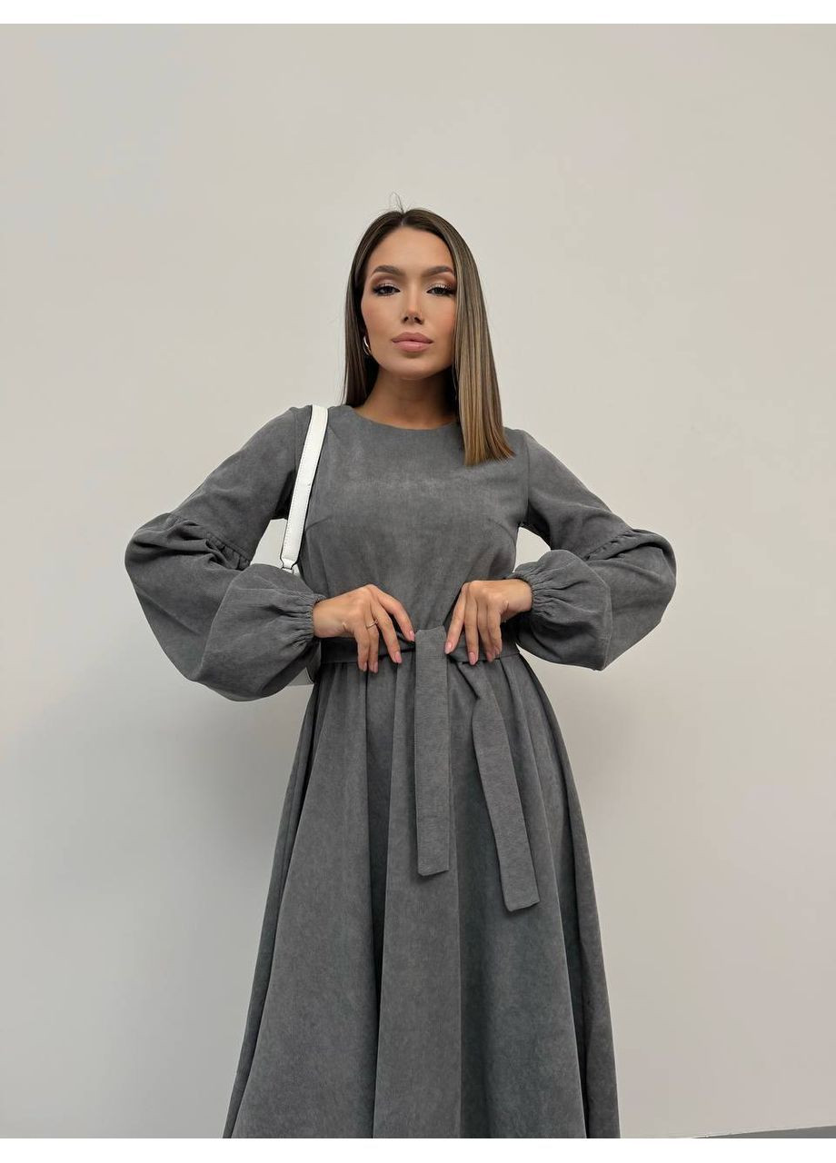 Серое стильное платье женское меди микровельвет малина No Brand