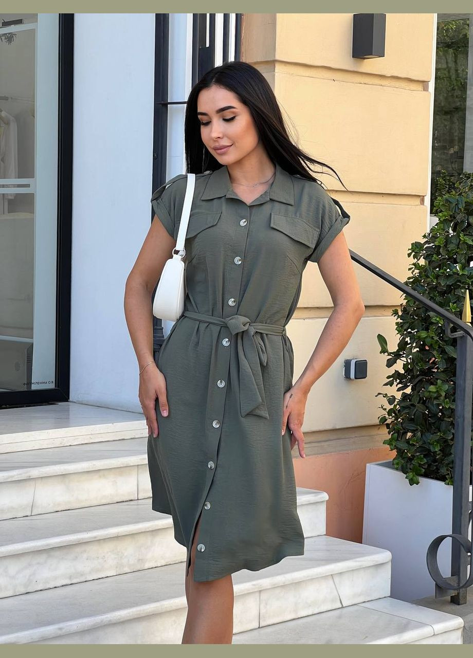 Оливкова (хакі) повсякденний легка сукня на гудзиках кольору хакi 31799 сукня-сорочка No Brand однотонна