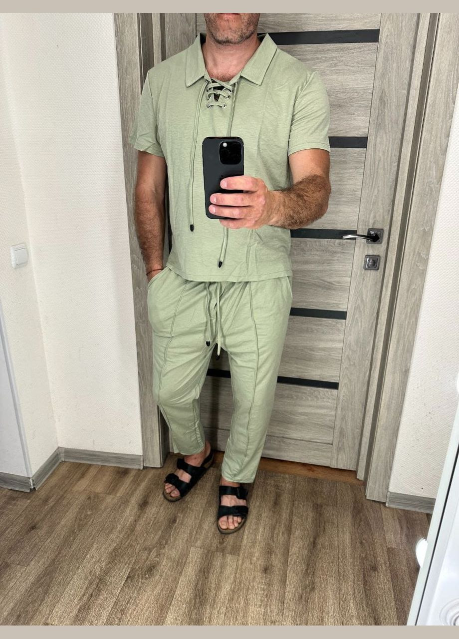 Оливковий демісезонний чоловічий льняний костюм світло-сірого кольору New Trend