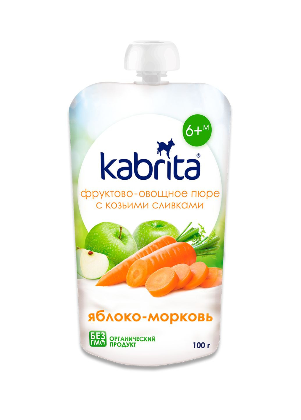 Фруктово-овощное пюре с козьими сливками, яблоко-морковь, для детей с 6 месяцев, 100 г Kabrita (292566498)