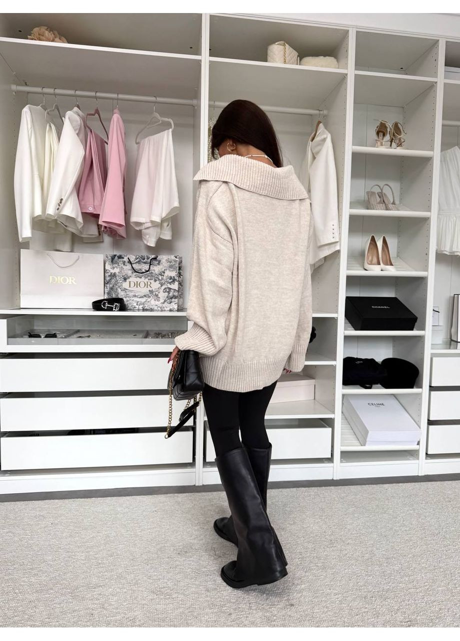 Бежевий демісезонний подовжений светр oversize з коміром поло — заміри в описі DK/DL Мода без кордонів