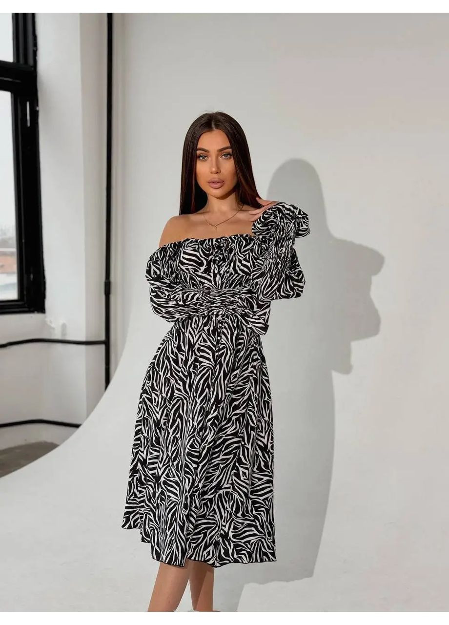 Чорно-білий cукня міді з принтом біла квітка на зеленому No Brand