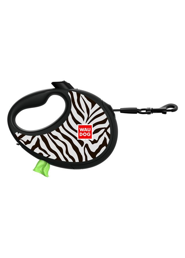 Поводок рулетка для собак R-leash с контейнером для пакетов, рисунок "Зебра", светоотражающая лента, M, до 20кг, 5м WAUDOG (364748886)