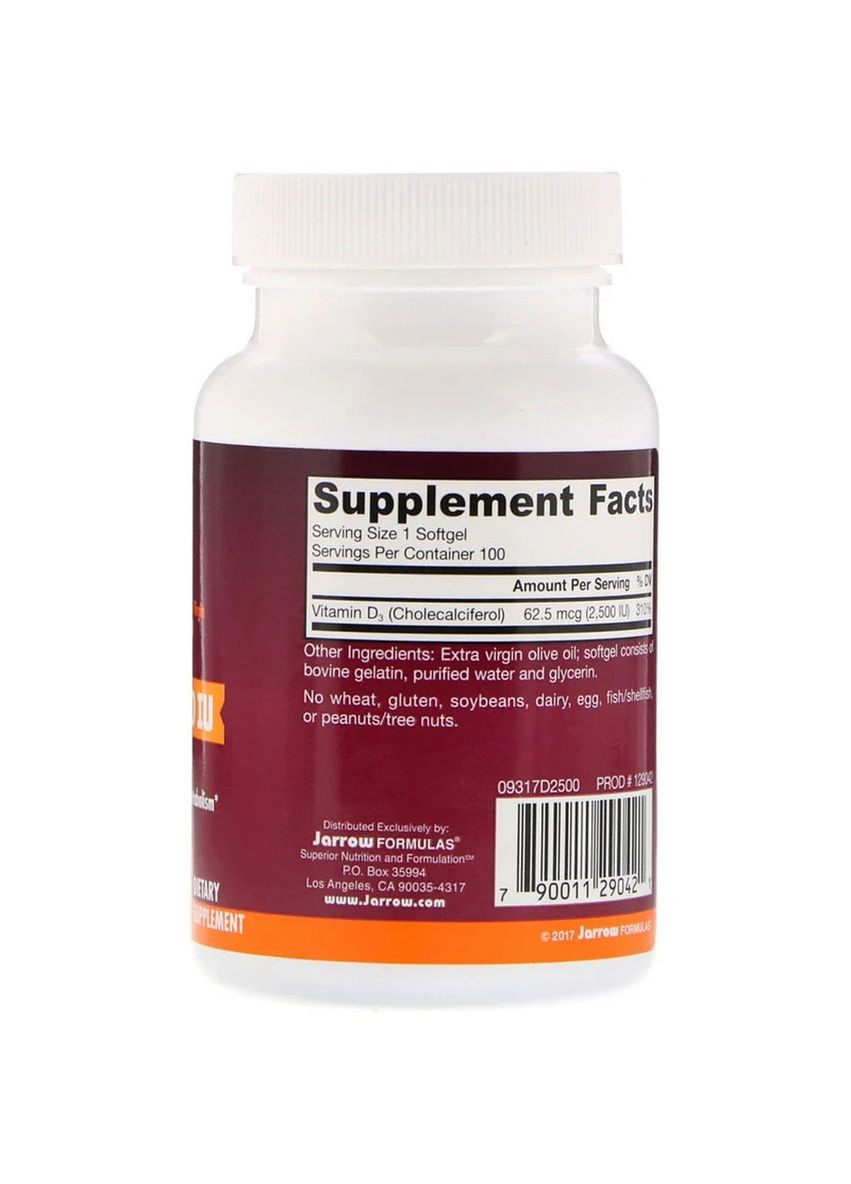 Вітамін D3 (Холекальциферол), 2500 МО,, 100 гелевих капсул Jarrow Formulas (326055421)