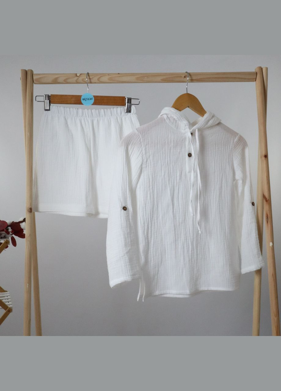 Білий літній мусліновий дитячий пляжний комплект (туніка з капюшоном + штани + шорти) білий No Brand