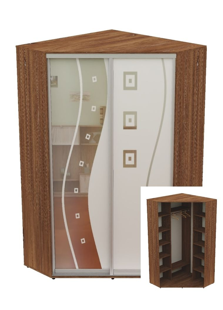 Шкаф-купе двухдверный угловой 150*150*240 Дуб винтаж Зеркало с пескоструйным рисунком Угол-5 Алекса (360453892)