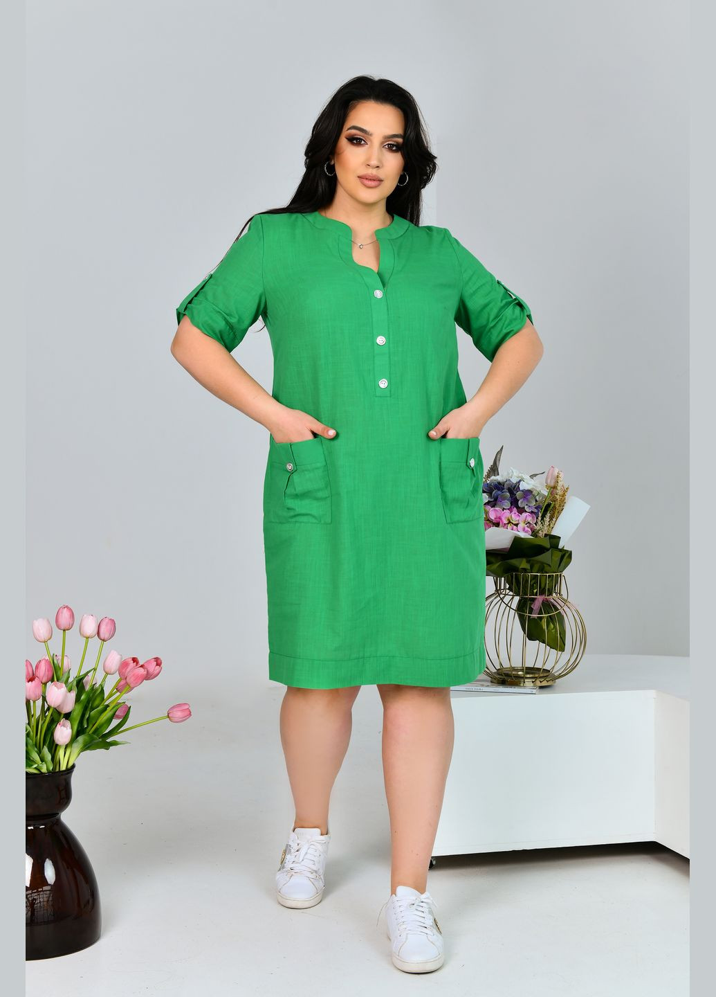 Зелена повсякденний сукня з льону сорочка No Brand однотонна