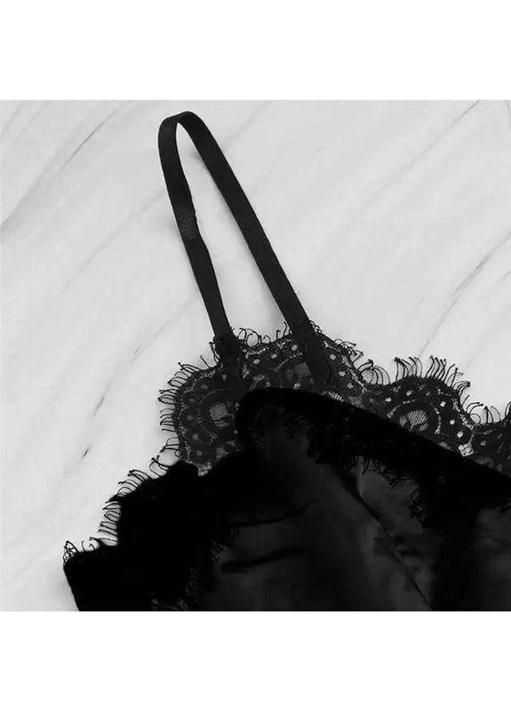 Чорна жіноча атласна піжама з шортами та майкой з кружевом по краям і бантиком China