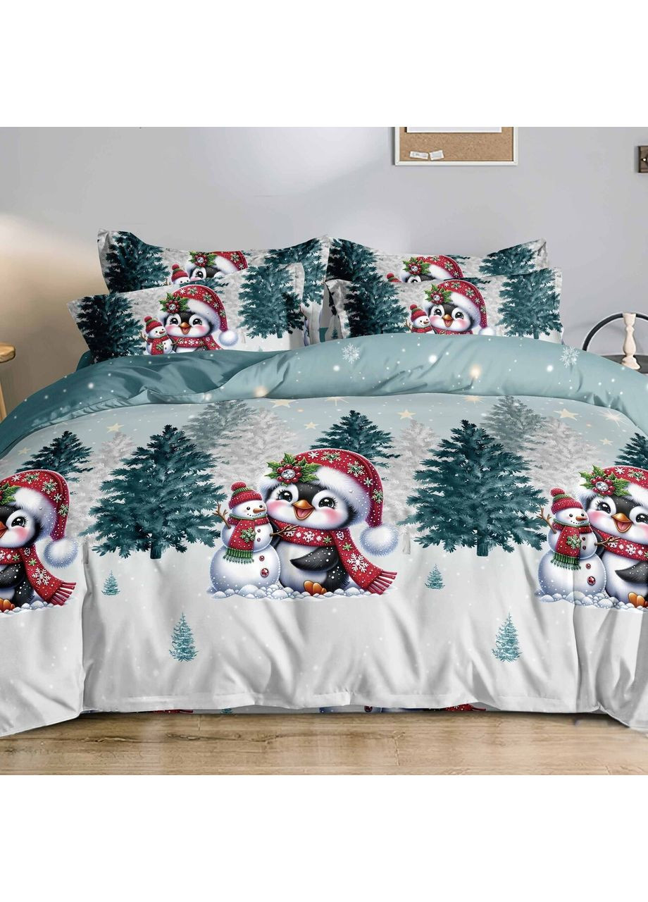 Постільна білизна двоспальна з наволочками 50х70 зелено-біла новорічна Пінгвіни Фланель Байка 954690 Ananasko (361079876)