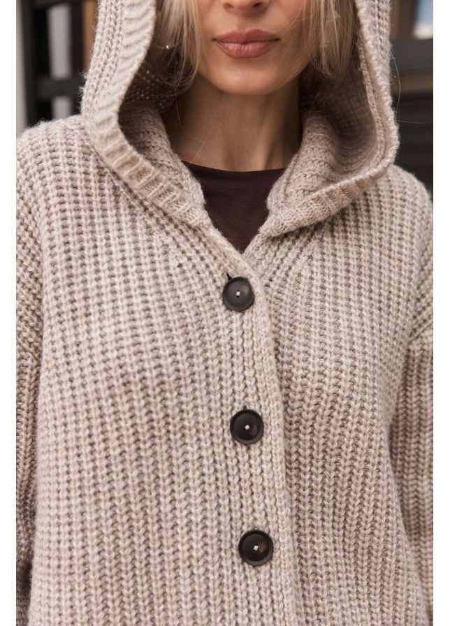 Бежеве зимнє Жіноче в’язане пальто з капюшоном (2917) Triko Bakh