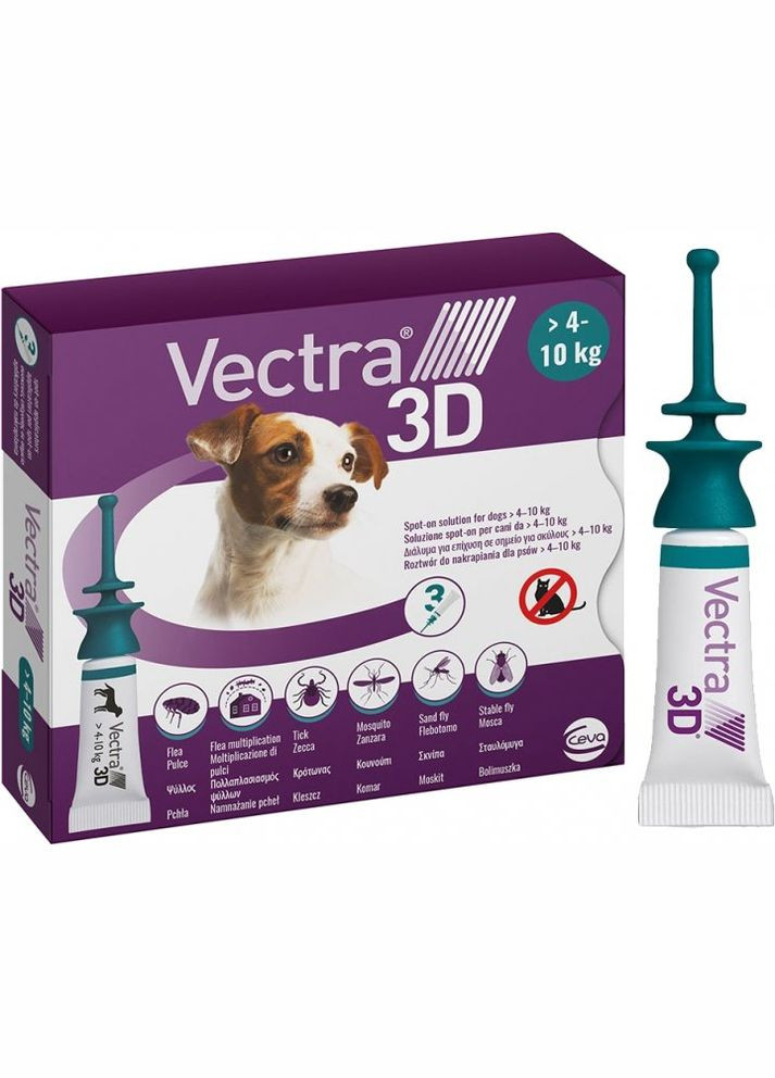 Краплі на холку від зовнішніх паразитів для собак VECTRA 3D 410 кг 3 піпетки/пач по 1.6 мл (7046264278215) Ceva (279569777)