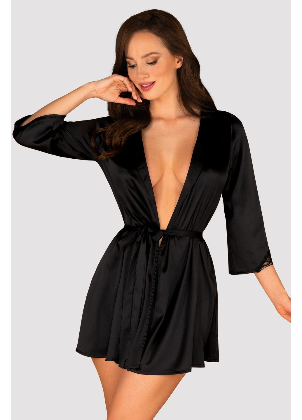 Малиновый демисезонный халатик атласный короткий с трусиками satinia robe Obsessive