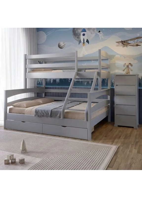 Двухъярусная детская кровать Чикаго Светло-серая (RAL7040) 140-80х200 см с ящиками (MBG-15665) Mebigrand (401111362)