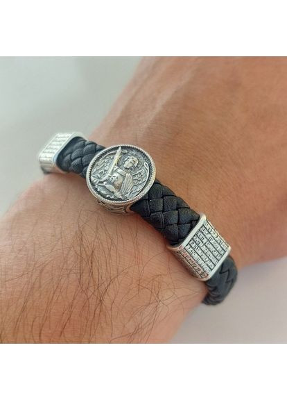 Браслет православный с Архангелом Михаилом и молитвой из серебра и кожи No Brand (365818904)