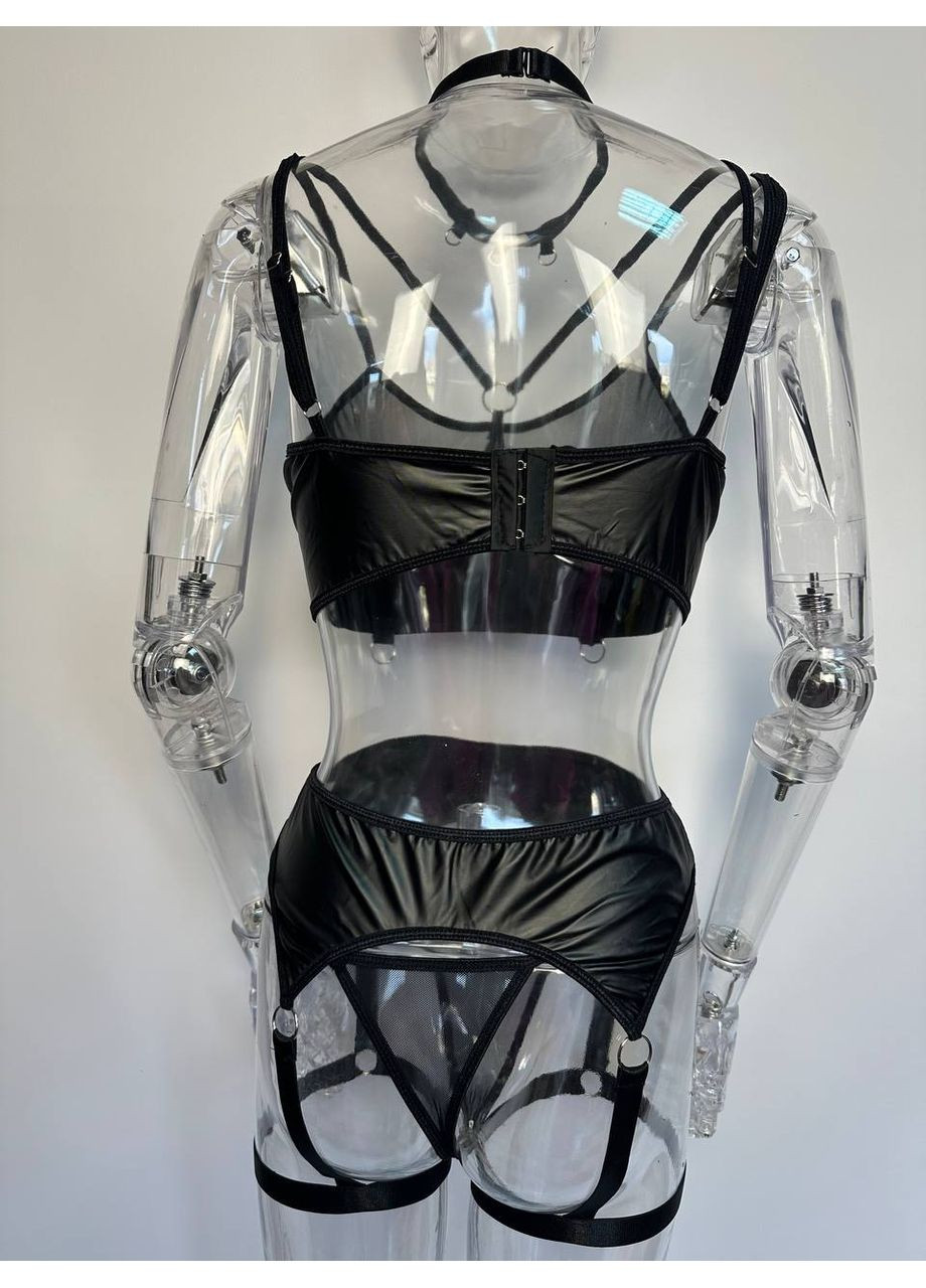 Черный демисезонный комплект женского нижнего белья соблазнительный набор бюстгальтер трусики пояс с гартерами черный 42-46 No Brand Ksenia