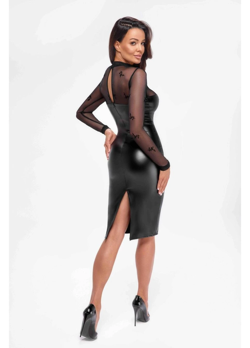 Чорна сукня f310 sublime wetlook and flocked mesh midi dress - 3xl Noir Handmade