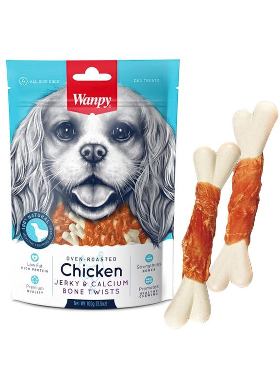 Лакомство для собак Chicken Jerky Calcium Bone Twists Кость с вяленой курицей и кальцием 100 г (6927749810353) Wanpy (279563502)