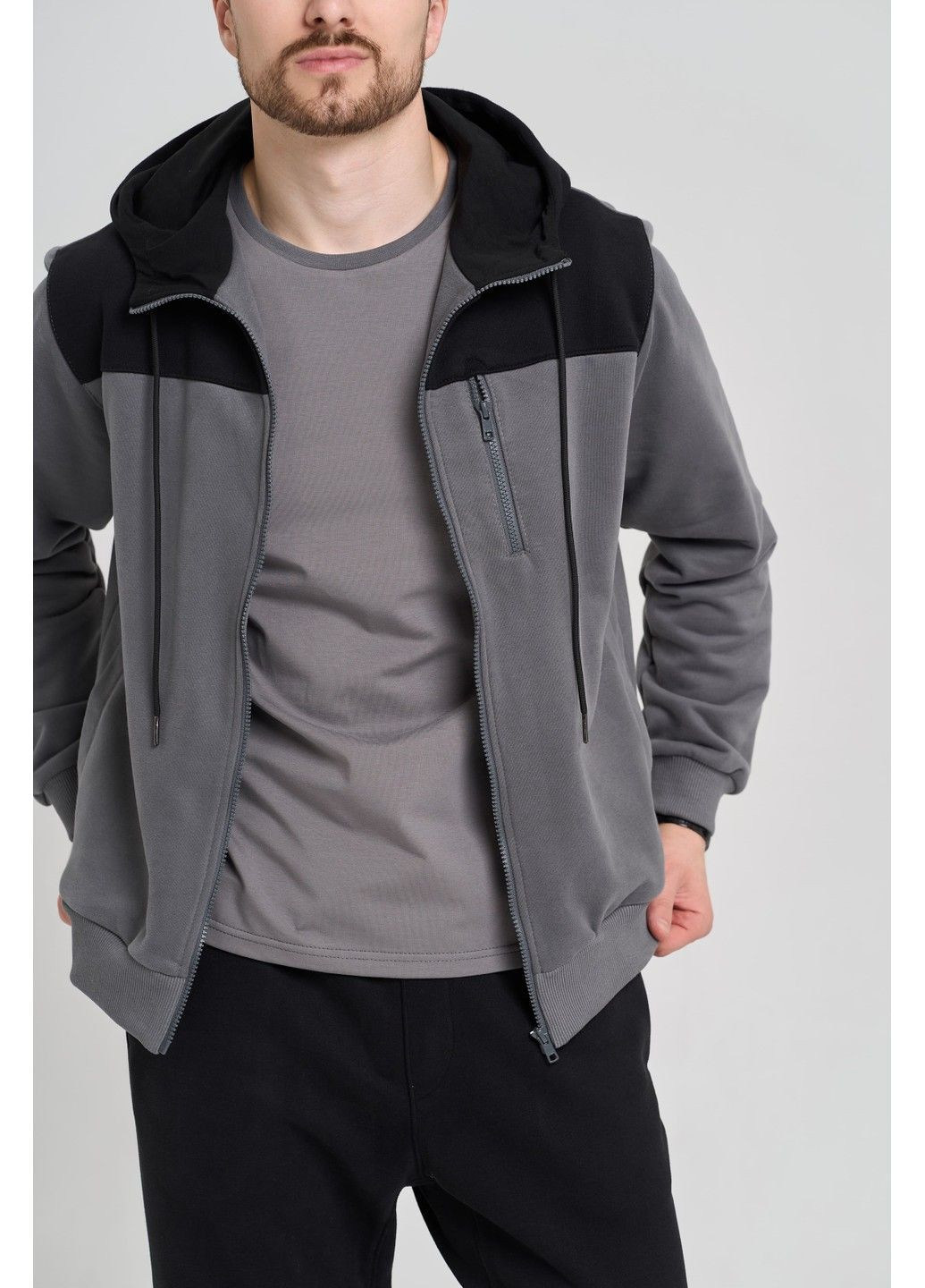 Спортивный костюм мужской ТРОЙКА весна осень HW CLUB с кофтой на замке + футболка серый черный Handy Wear (293275160)