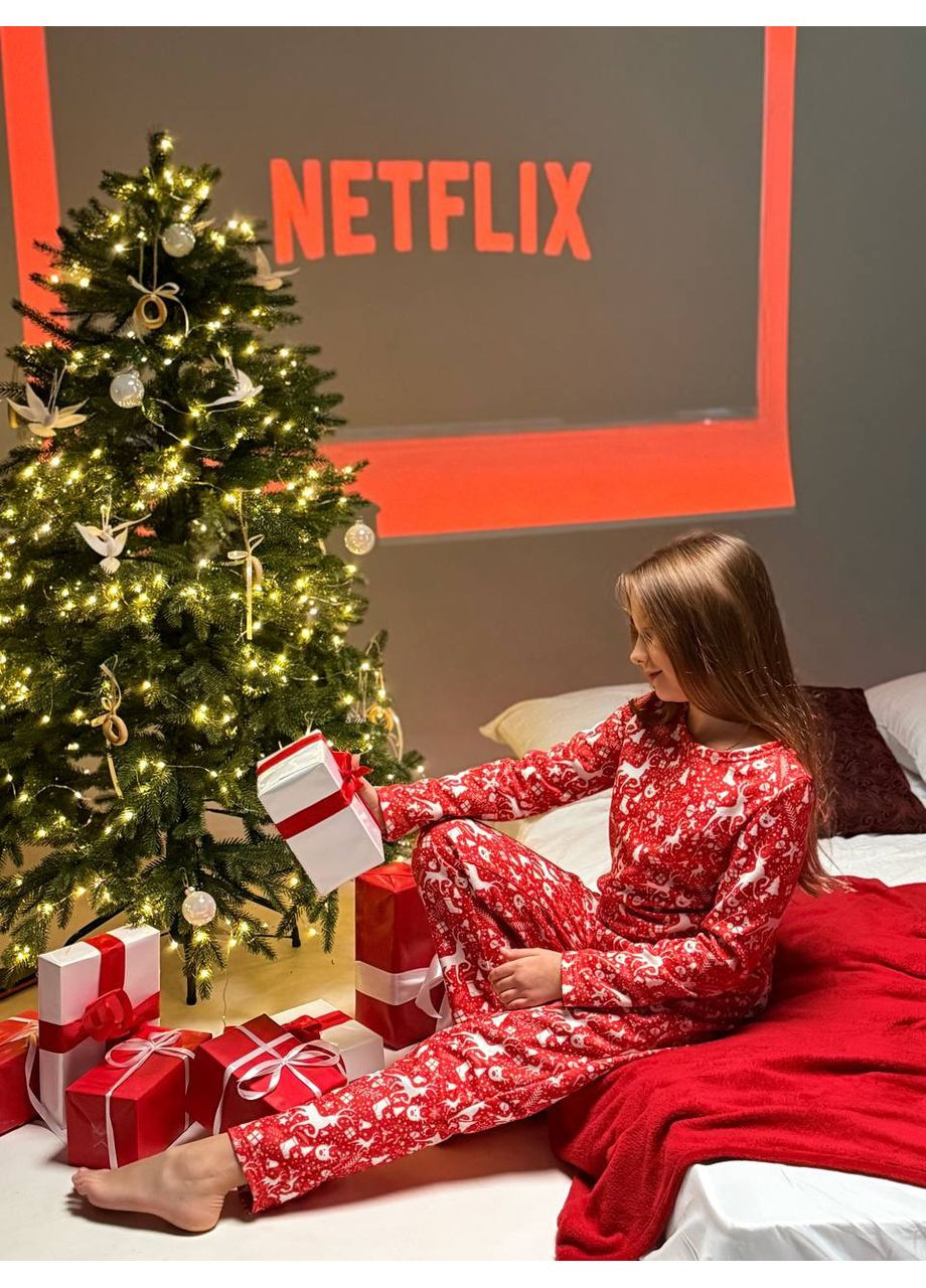 Красная всесезон праздничная детская пижама из мягкого турецкого флиса — замеры в описании кофта + брюки Vione