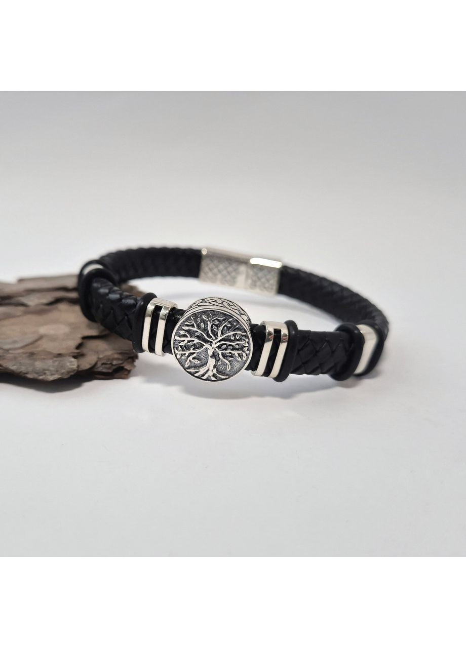 Серебряный Кожаный широкий браслет оберег Дерево 20 см серебро 925 пробы Черненное 75328 21.74г Nobrand (365639346)
