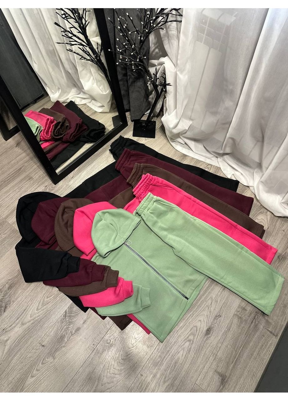 Чорний демісезонний костюм трендовий теплий штани палаццо та кофта на блискавці з капюшоном,трьохнитка на флісі Україна