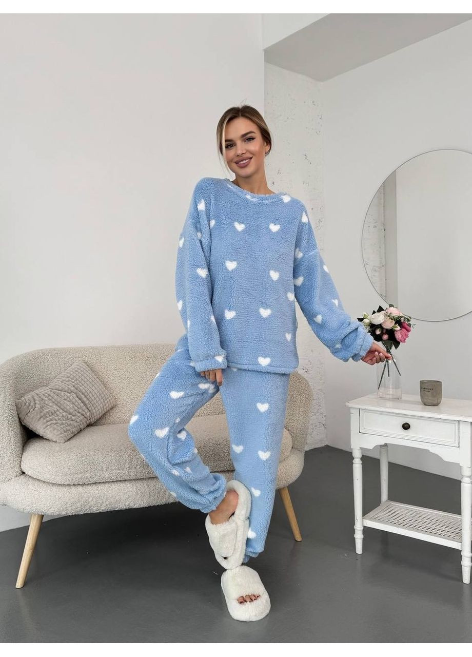 Блакитна зимня жіночий теплий домашній костюм у серці Fashion