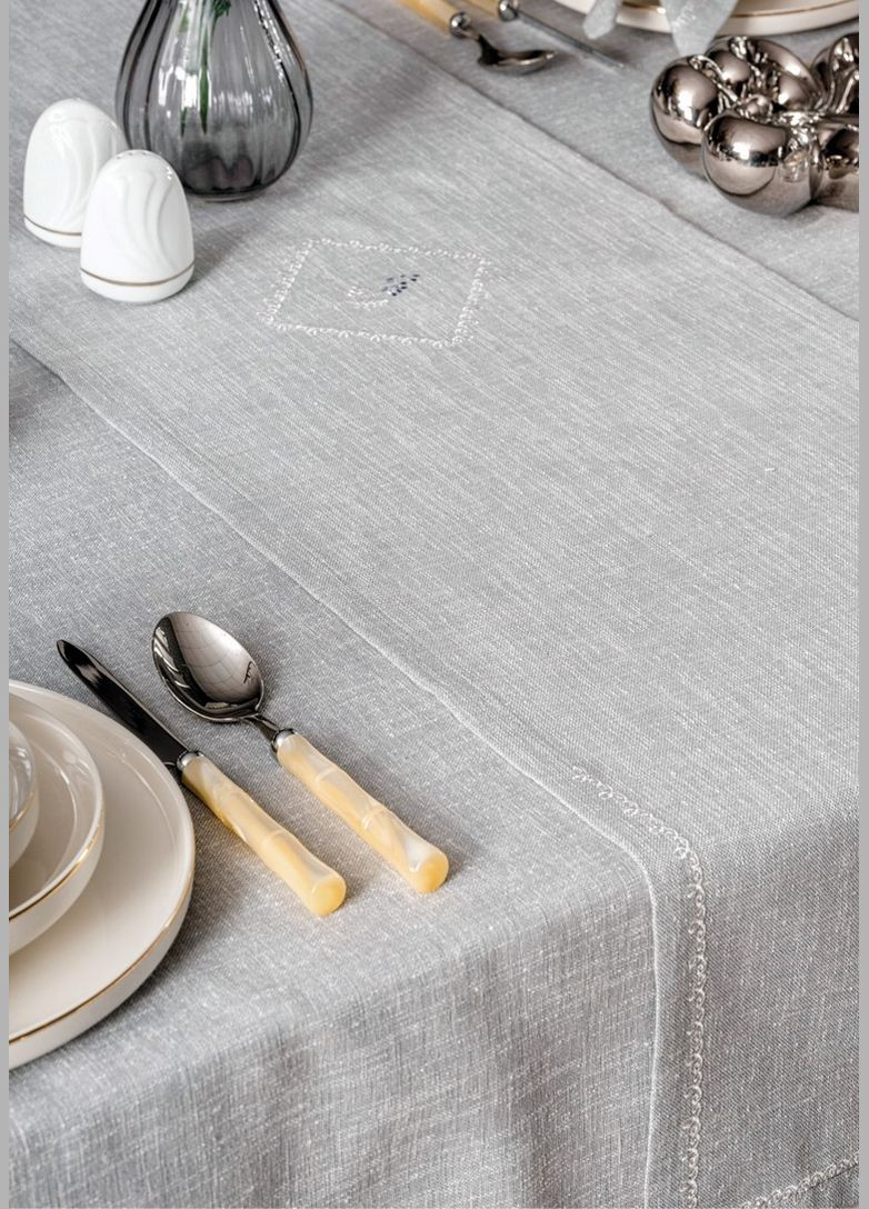 Скатертина поліестер Cotton Box 175х240 см + Ранер 40х140 см + Серветки 6шт 40х40 см Pera - Grey TC303375948 TURComFor (332018118)