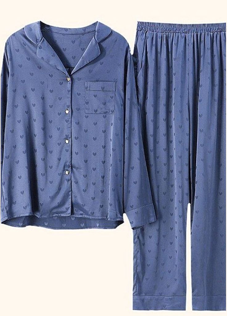 Синя всесезон жіноча атласна стильна піжама в сердечка комплект двійка для дому сорочка + брюки піжамний комплект з принтом сердечками сорочка + брюки Cindylove