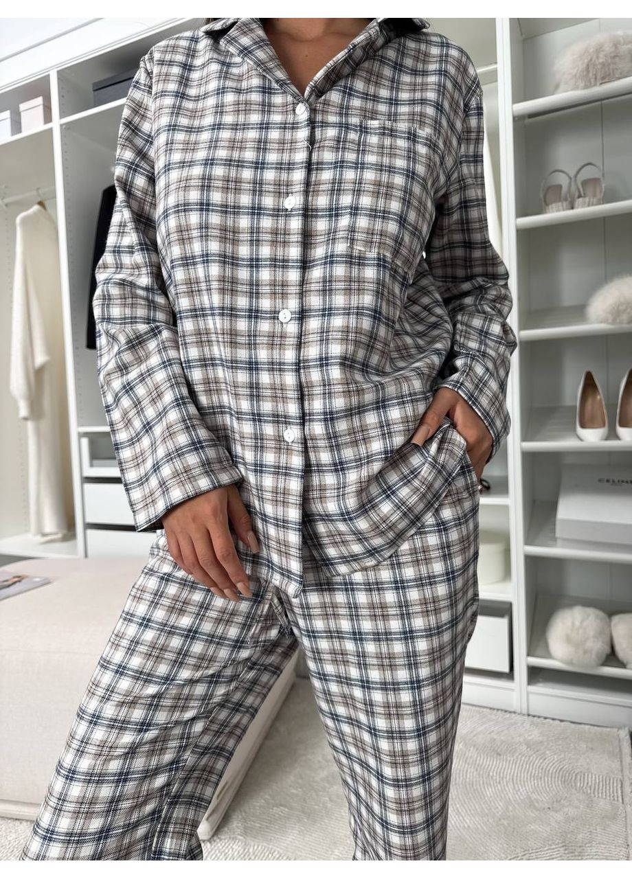 Жіночий домашній костюм в клiтину з фланелi сiрого кольору 35923 No Brand (368726740)