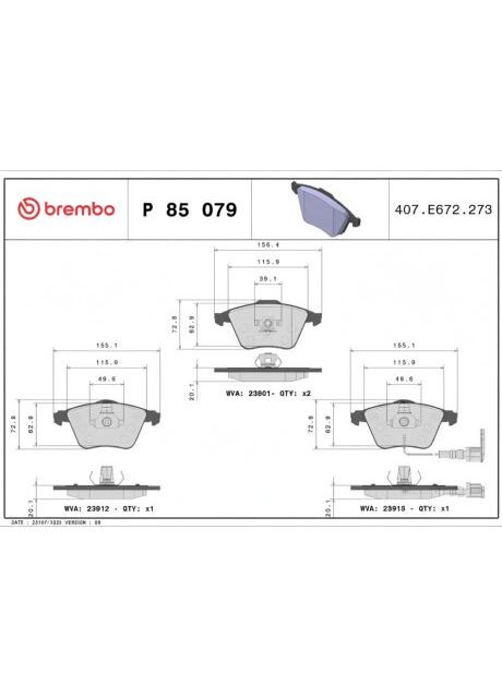 Колодки тормозные дисковые передние D=345MM VW PASSAT 2.0 3.2 05-,GOLF V 06-,SKODA SUPERB 1.4-3.6 08-,SEAT P85079 Brembo (361637161)