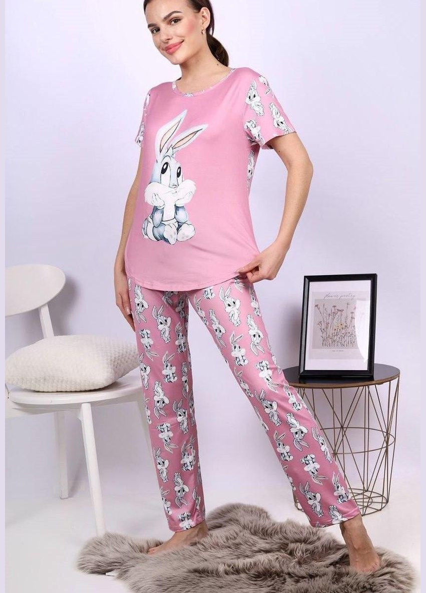 Розовая всесезон пижама женская розового цвета футболка + брюки No Brand Жіночі піжами