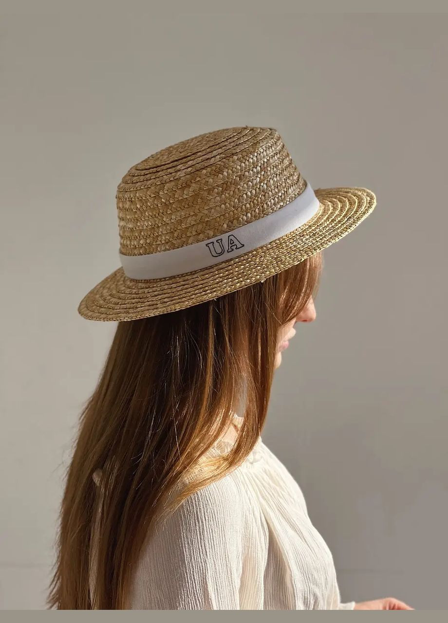 Канотьє солом'яний капелюх з білою стрічкою та вишивкою UA з прямими полями 6 см D.Hats (283022784)